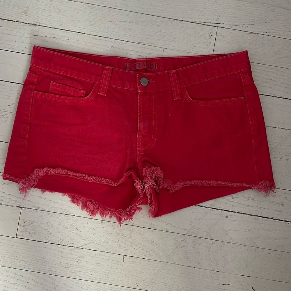 j brand cut off red jean shorts. size 28.